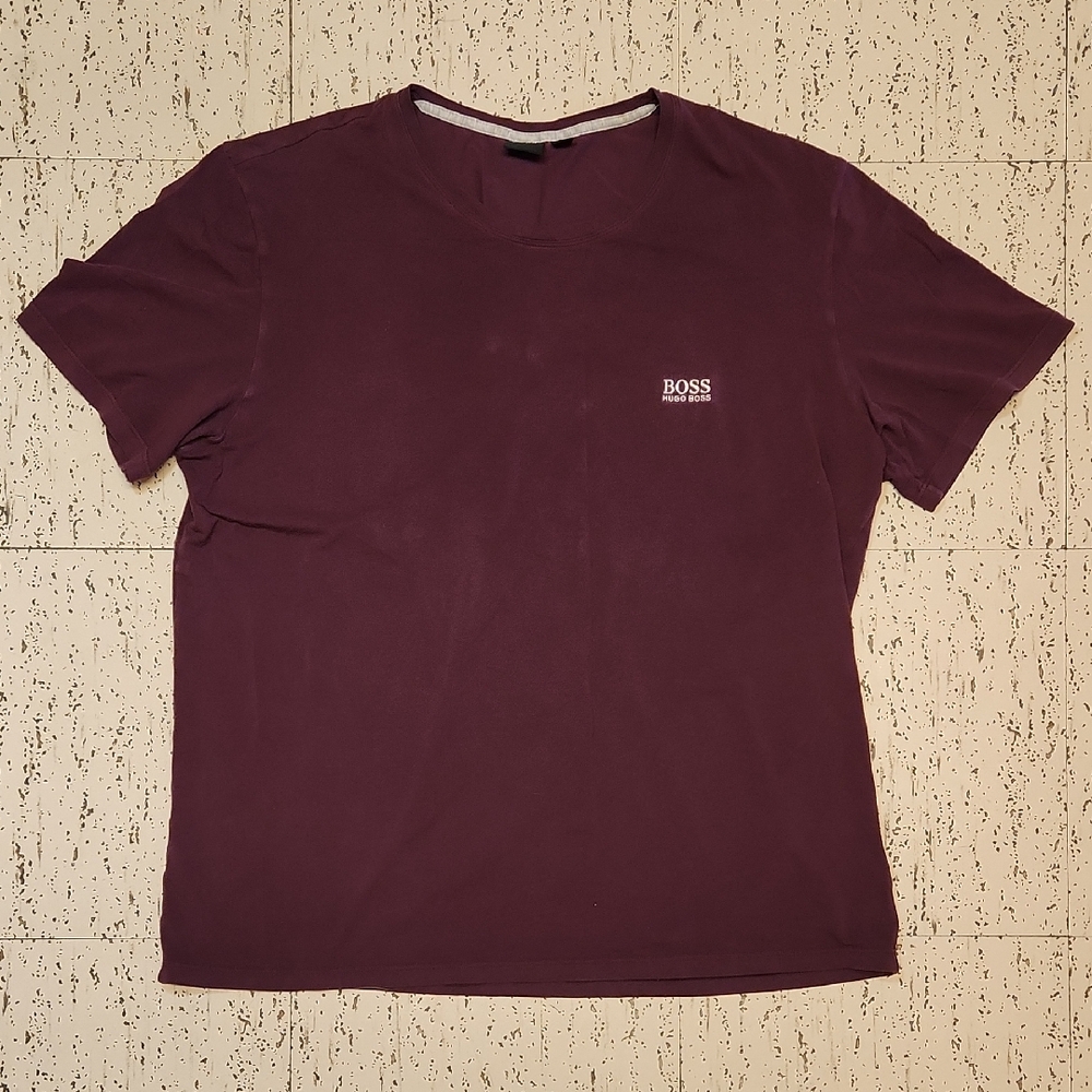 Hugo Boss Embroidered Spellout Logo Burgendy Crewneck T-Shirt